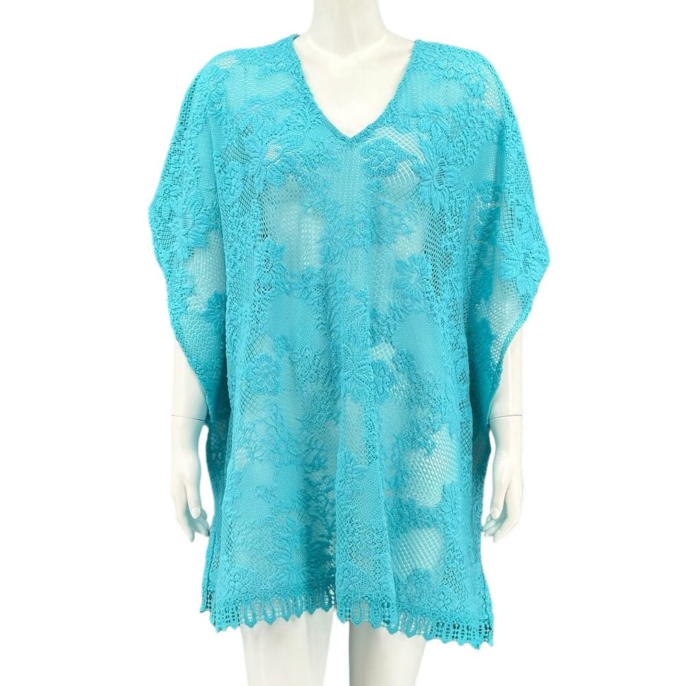 Chicos Top Womens Small Medium Turquoise Lace Poncho Beach Swim Coverup Coastal